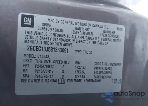 2008 Chevrolet Silverado 1500 Lt1 from USA, damaged, VIN 2GCEC13J581333091